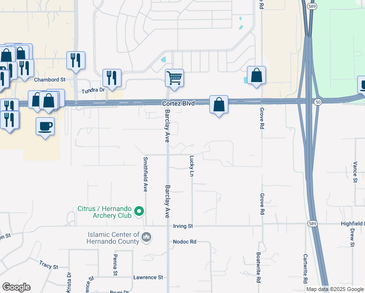 map of restaurants, bars, coffee shops, grocery stores, and more near 7096 Lucky Lane in Spring Hill