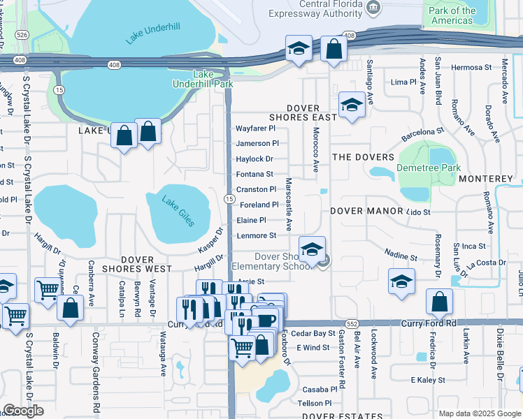 map of restaurants, bars, coffee shops, grocery stores, and more near 4621 Elaine Place in Orlando