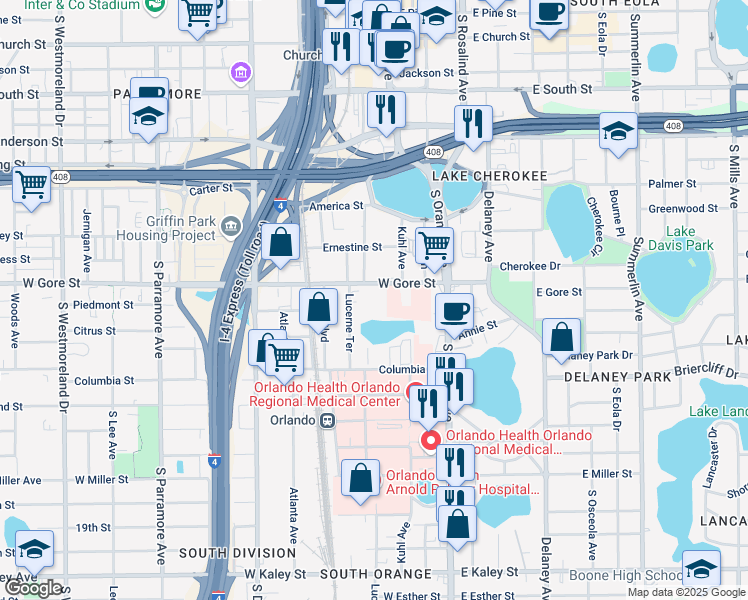 map of restaurants, bars, coffee shops, grocery stores, and more near 70 West Gore Street in Orlando