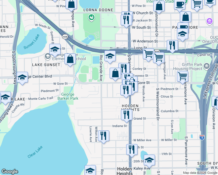 map of restaurants, bars, coffee shops, grocery stores, and more near 1002 Mack Avenue in Orlando
