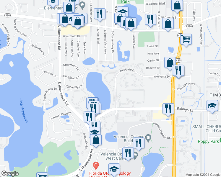 map of restaurants, bars, coffee shops, grocery stores, and more near 6401 Westgate Drive in Orlando