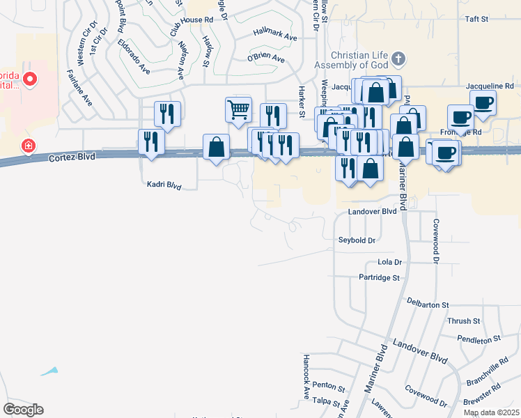 map of restaurants, bars, coffee shops, grocery stores, and more near 7045 Evergreen Woods Trail in Spring Hill