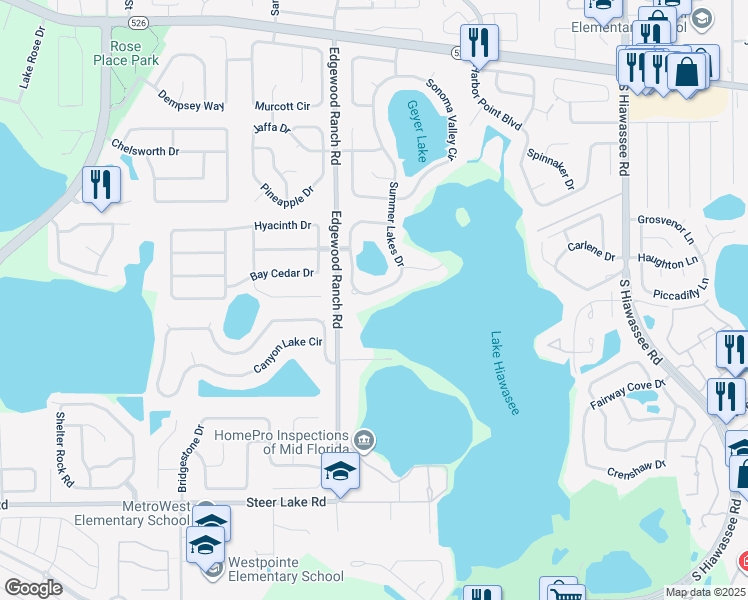 map of restaurants, bars, coffee shops, grocery stores, and more near 960 Summer Lakes Drive in Orlando