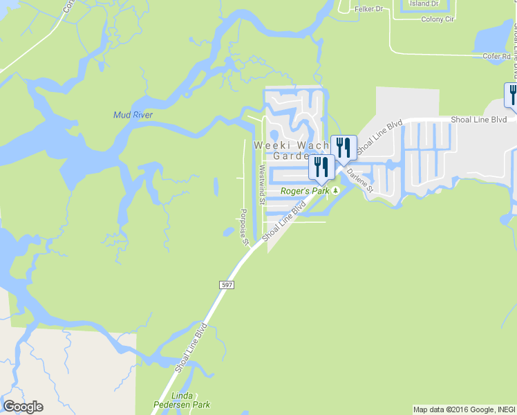 map of restaurants, bars, coffee shops, grocery stores, and more near 7091 Westwind Street in Weeki Wachee