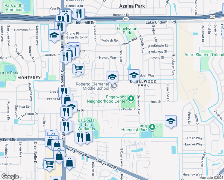 map of restaurants, bars, coffee shops, grocery stores, and more near 5985 La Costa Drive in Orlando
