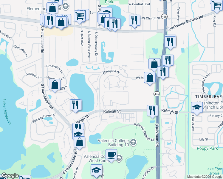 map of restaurants, bars, coffee shops, grocery stores, and more near 6153 Raleigh Street in Orlando