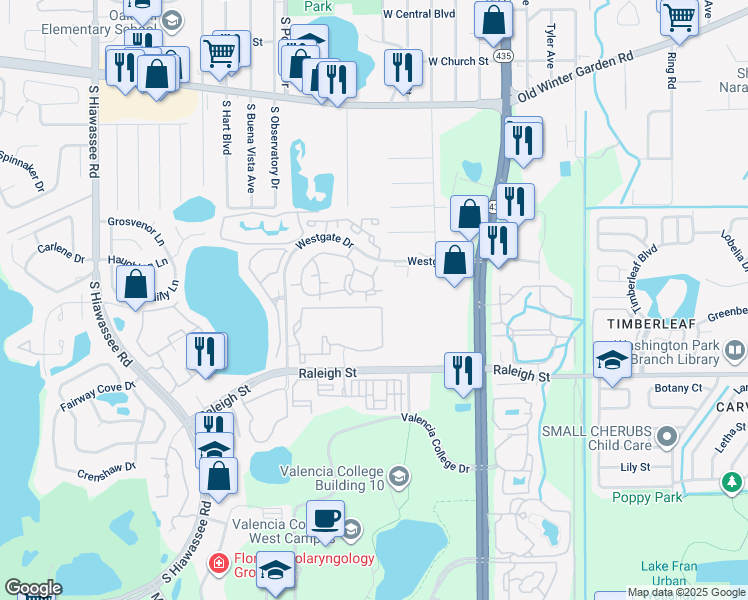 map of restaurants, bars, coffee shops, grocery stores, and more near 5974 Westgate Drive in Orlando