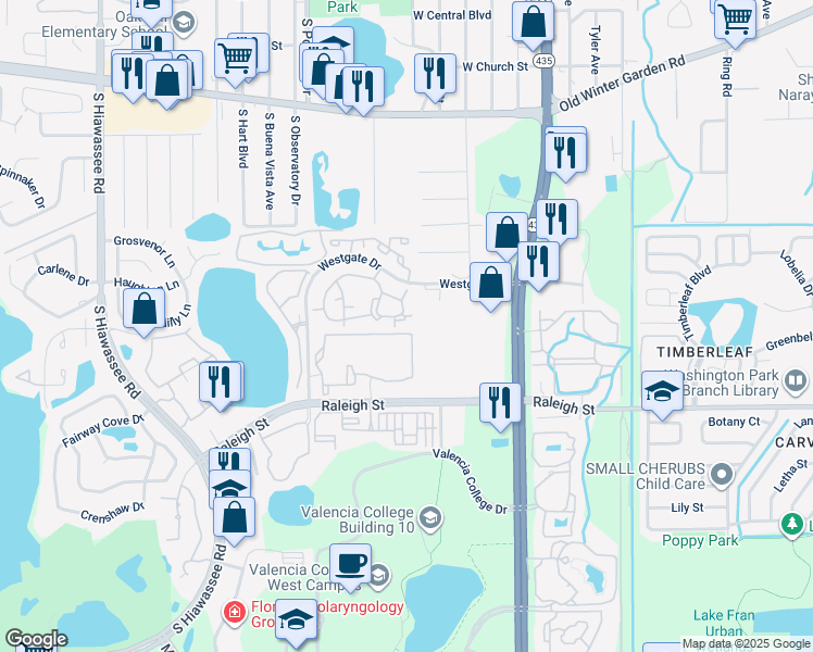 map of restaurants, bars, coffee shops, grocery stores, and more near 5974 Westgate Drive in Orlando