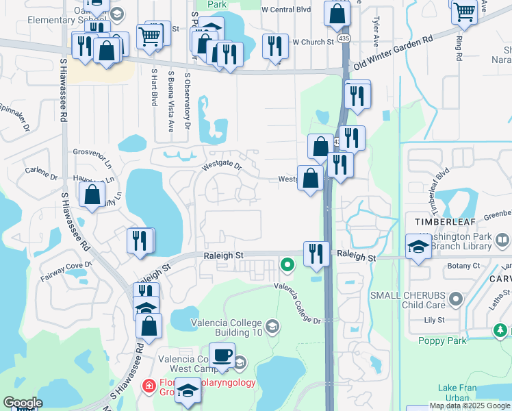 map of restaurants, bars, coffee shops, grocery stores, and more near 5974 Westgate Drive in Orlando