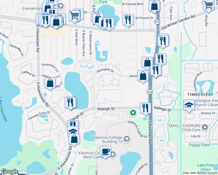 map of restaurants, bars, coffee shops, grocery stores, and more near 6141 Raleigh Street in Orlando