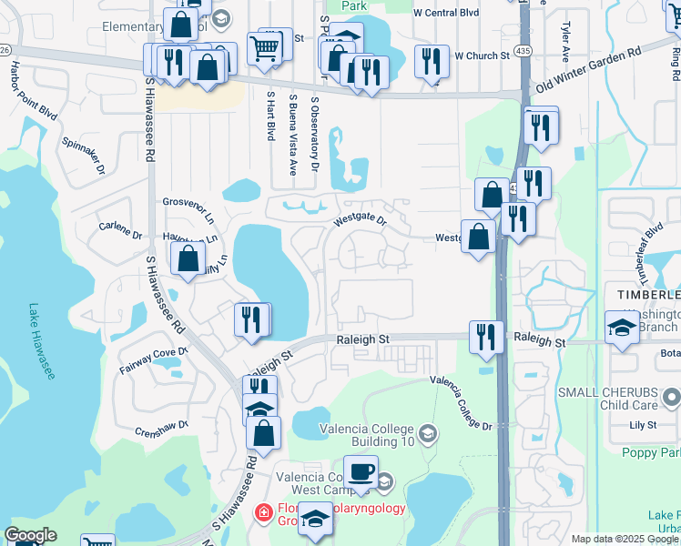 map of restaurants, bars, coffee shops, grocery stores, and more near 6153 Raleigh Street in Orlando
