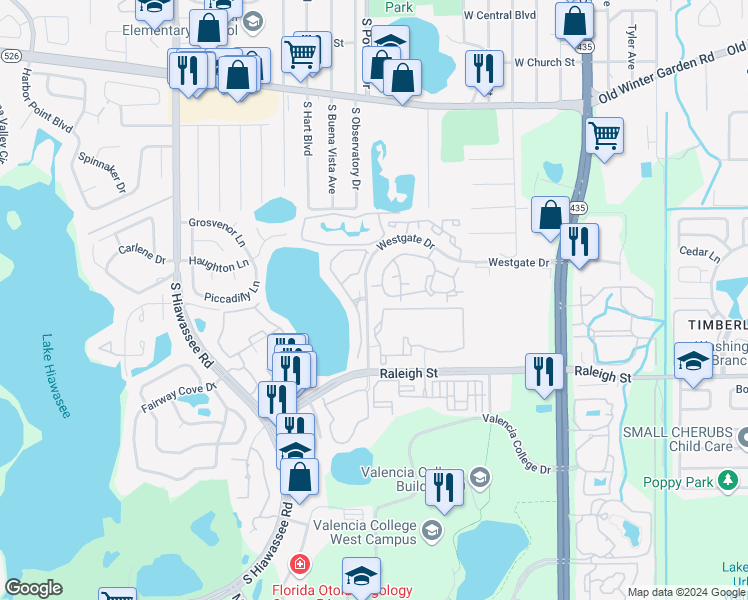 map of restaurants, bars, coffee shops, grocery stores, and more near 6172 Westgate Drive in Orlando