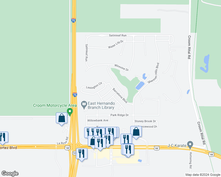map of restaurants, bars, coffee shops, grocery stores, and more near 31073 Castle Ridge Drive in Brooksville