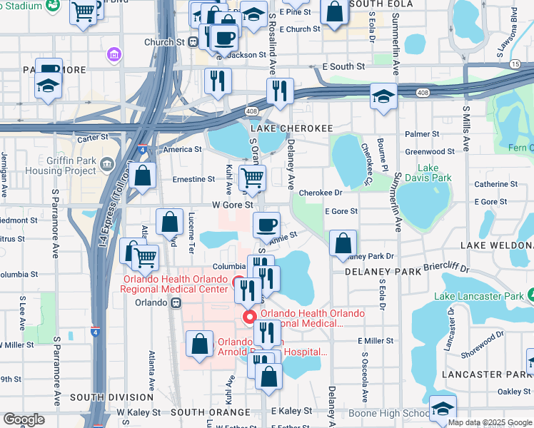 map of restaurants, bars, coffee shops, grocery stores, and more near in Orlando