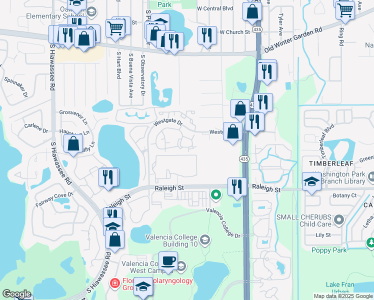 map of restaurants, bars, coffee shops, grocery stores, and more near 6141 Raleigh Street in Orlando