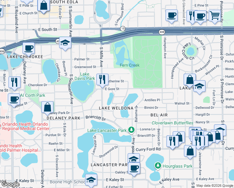 map of restaurants, bars, coffee shops, grocery stores, and more near 1420 Beaver Street in Orlando