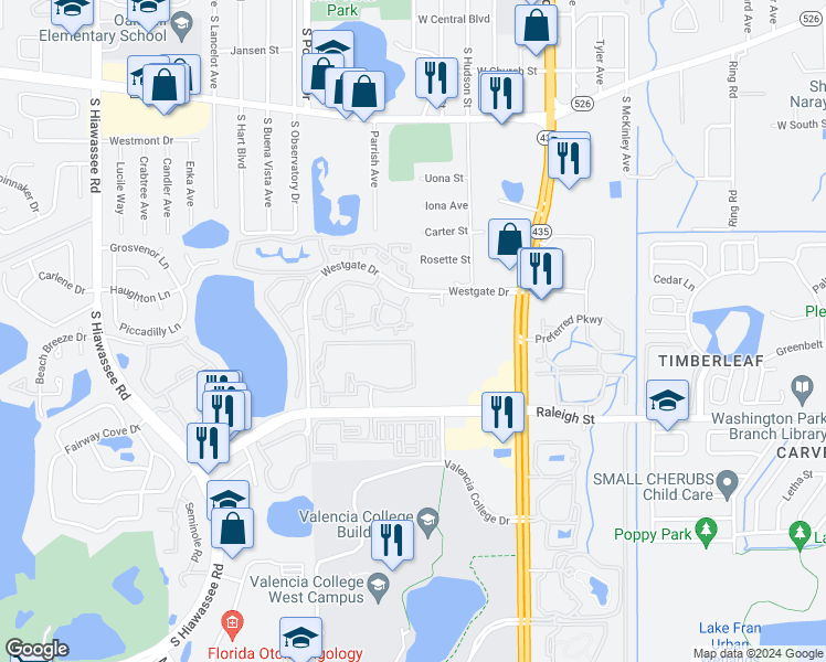 map of restaurants, bars, coffee shops, grocery stores, and more near 5974 Westgate Drive in Orlando