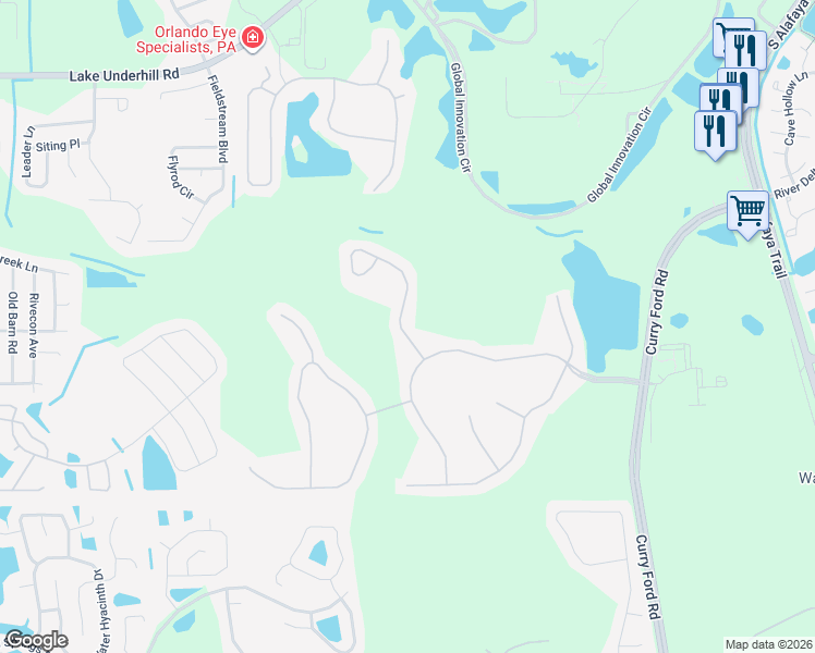 map of restaurants, bars, coffee shops, grocery stores, and more near 1373 Crane Crest Way in Orlando