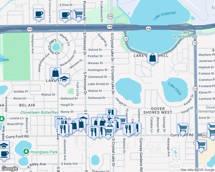 map of restaurants, bars, coffee shops, grocery stores, and more near 3008 Walnut Street in Orlando