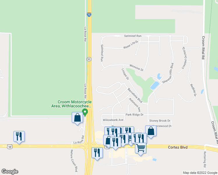 map of restaurants, bars, coffee shops, grocery stores, and more near 7106 Lexington Circle in Brooksville