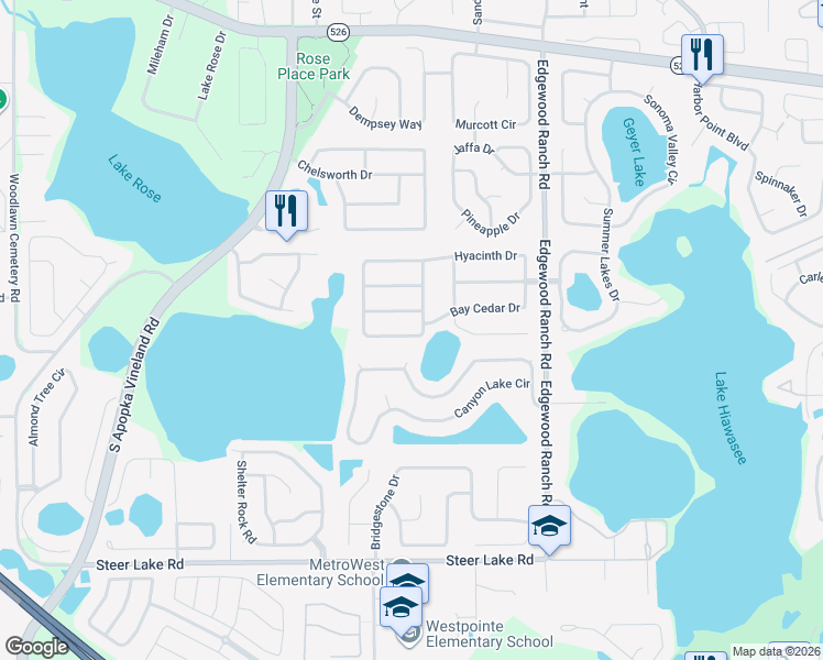 map of restaurants, bars, coffee shops, grocery stores, and more near 7915 Barrowood Street in Orlando