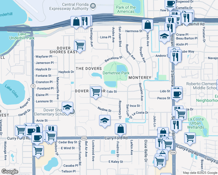 map of restaurants, bars, coffee shops, grocery stores, and more near 5243 Lido Street in Orlando