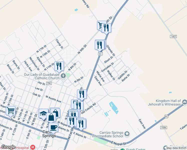 map of restaurants, bars, coffee shops, grocery stores, and more near 1475-1497 North 2nd Street in Carrizo Springs