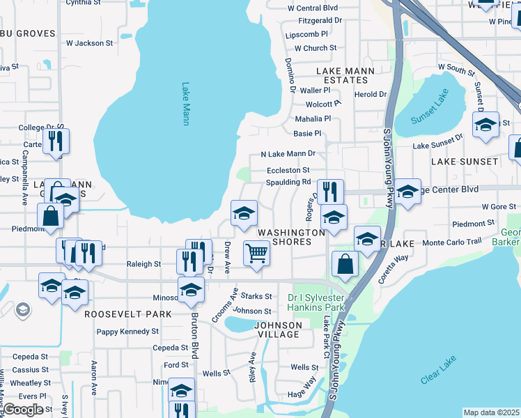 map of restaurants, bars, coffee shops, grocery stores, and more near 830 Wooden Boulevard in Orlando