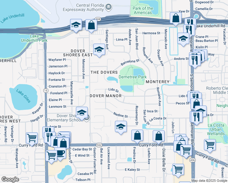 map of restaurants, bars, coffee shops, grocery stores, and more near 5162 Lido Street in Orlando