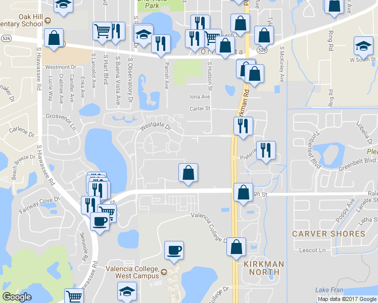map of restaurants, bars, coffee shops, grocery stores, and more near 6101 Westgate Drive in Orlando