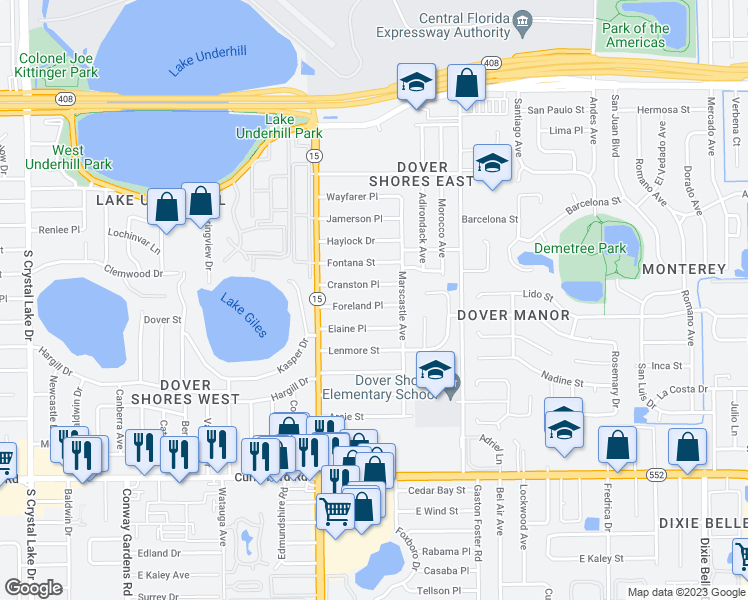 map of restaurants, bars, coffee shops, grocery stores, and more near 4611 Foreland Place in Orlando