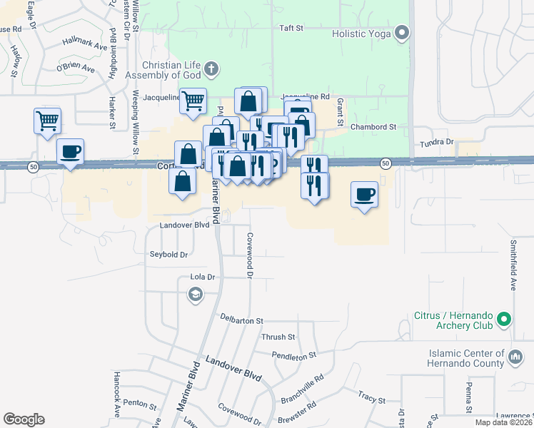 map of restaurants, bars, coffee shops, grocery stores, and more near 13139 Odham Street in Spring Hill