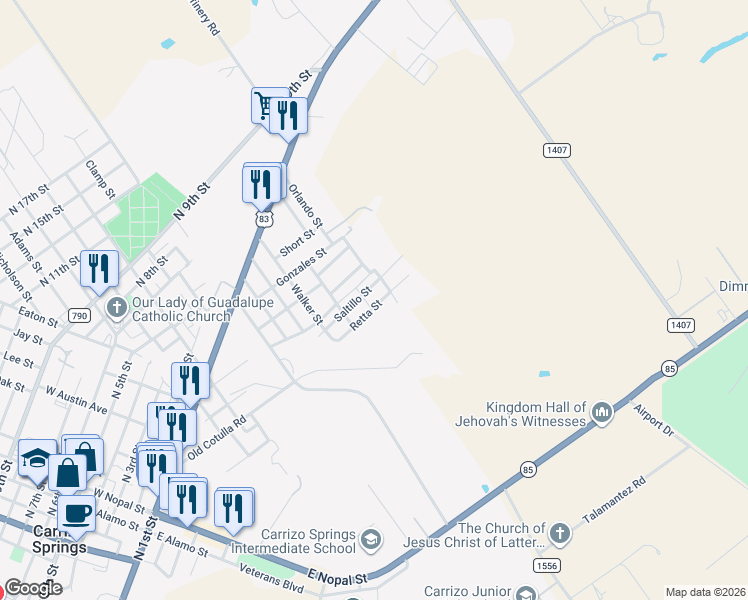 map of restaurants, bars, coffee shops, grocery stores, and more near 302 Saltillo Street in Carrizo Springs