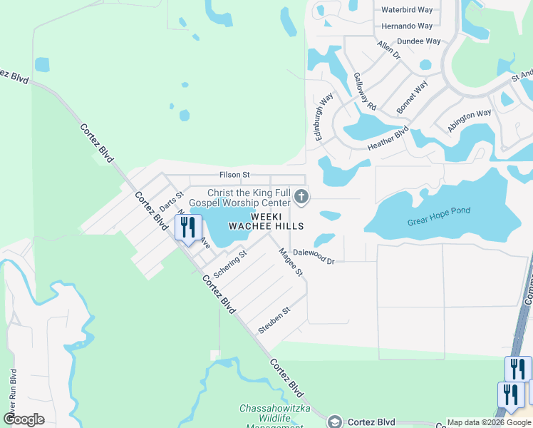 map of restaurants, bars, coffee shops, grocery stores, and more near 7161 Schering Street in Spring Hill