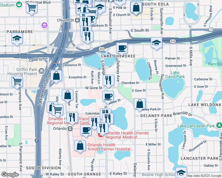 map of restaurants, bars, coffee shops, grocery stores, and more near 129 East Gore Street in Orlando