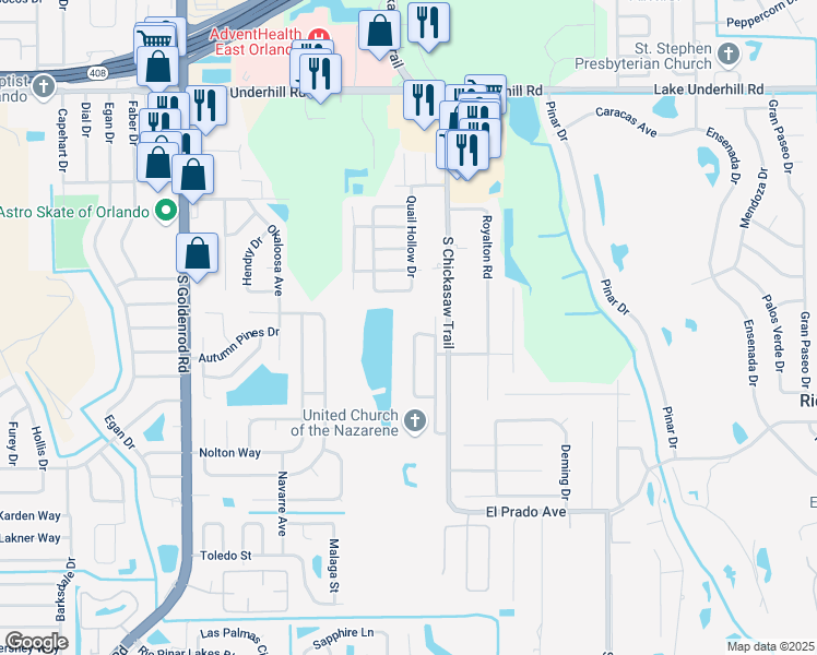 map of restaurants, bars, coffee shops, grocery stores, and more near 900 South Chickasaw Trail in Orlando