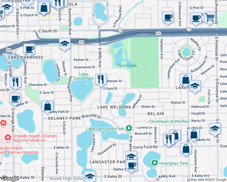 map of restaurants, bars, coffee shops, grocery stores, and more near 1221 East Gore Street in Orlando
