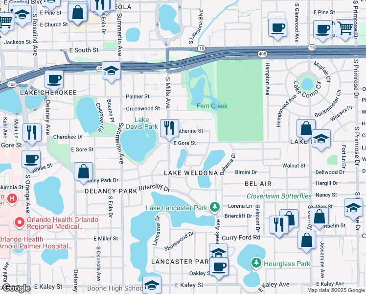 map of restaurants, bars, coffee shops, grocery stores, and more near 1221 East Gore Street in Orlando