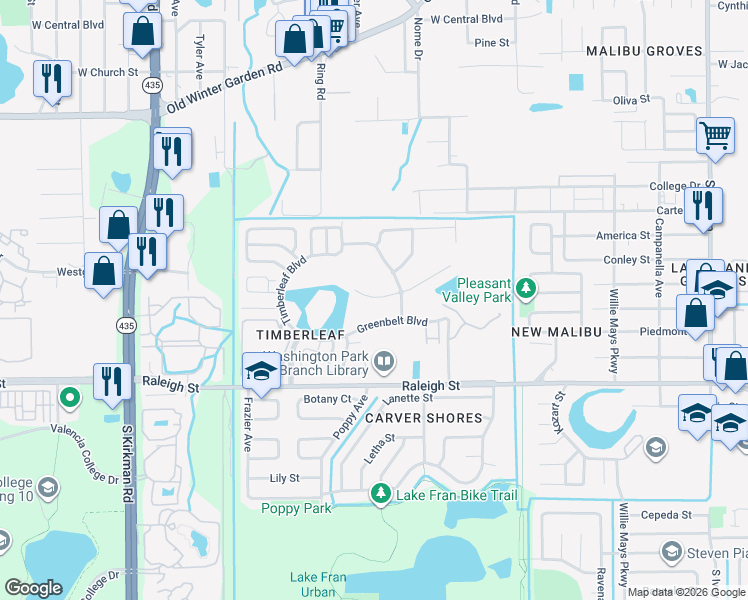 map of restaurants, bars, coffee shops, grocery stores, and more near 5133 Vista Lago Drive in Orlando