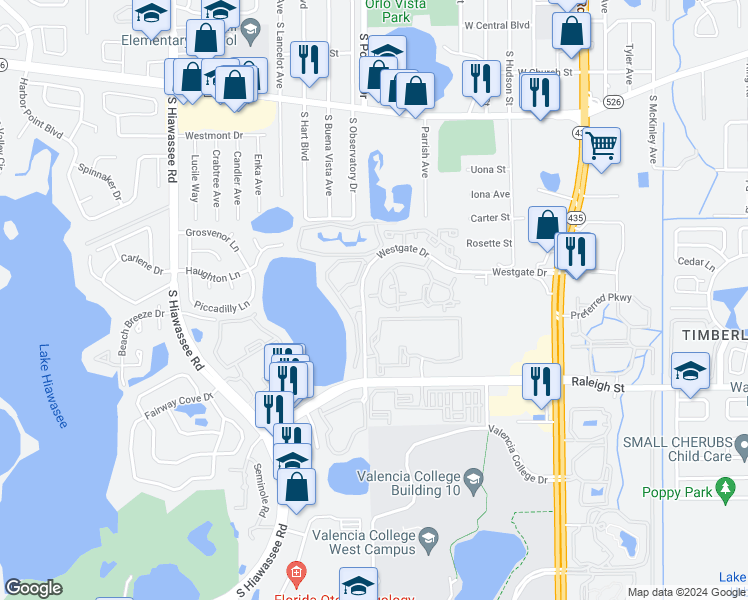 map of restaurants, bars, coffee shops, grocery stores, and more near 6118 Westgate Drive in Orlando
