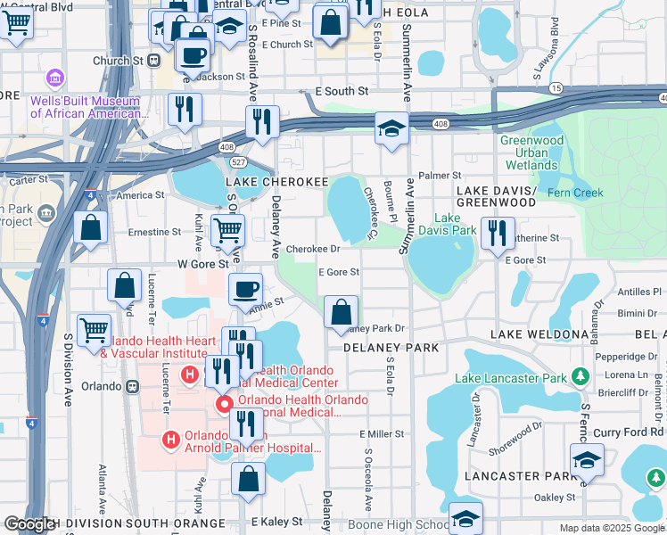 map of restaurants, bars, coffee shops, grocery stores, and more near 419 East Gore Street in Orlando