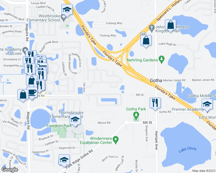 map of restaurants, bars, coffee shops, grocery stores, and more near 900 Kingsridge Circle in Gotha