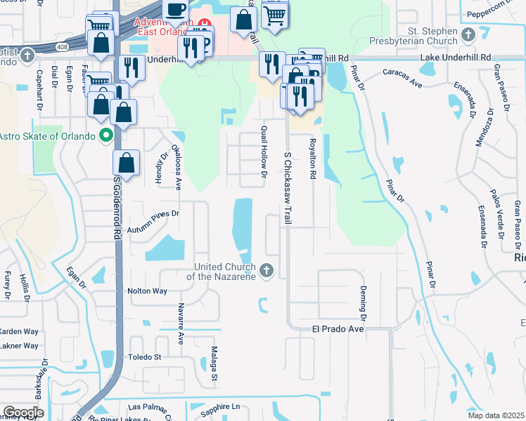 map of restaurants, bars, coffee shops, grocery stores, and more near 900 South Chickasaw Trail in Orlando