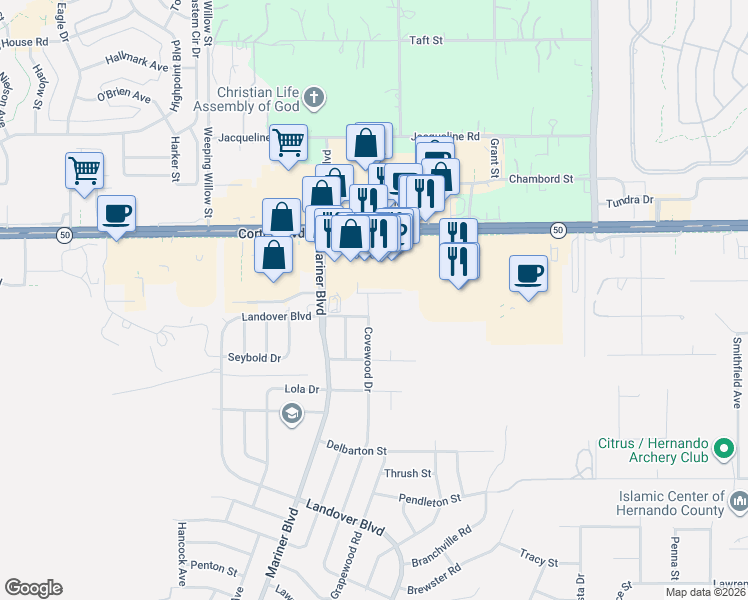 map of restaurants, bars, coffee shops, grocery stores, and more near 13139 Odham Street in Spring Hill