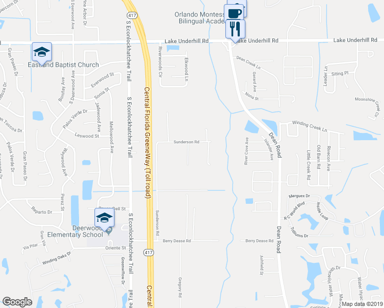 map of restaurants, bars, coffee shops, grocery stores, and more near 9748 Sunderson Road in Orlando