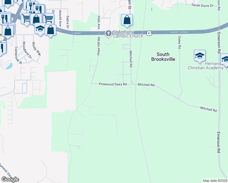 map of restaurants, bars, coffee shops, grocery stores, and more near 20490 Pinewood Dairy Road in Brooksville