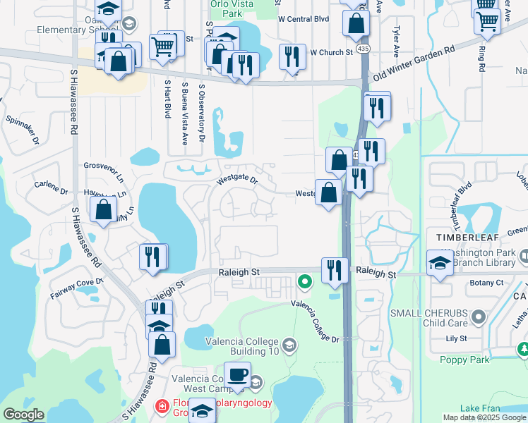 map of restaurants, bars, coffee shops, grocery stores, and more near 5992 Westgate Drive in Orlando