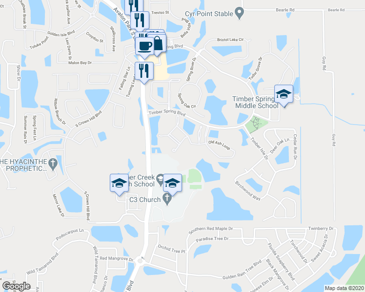 map of restaurants, bars, coffee shops, grocery stores, and more near 16760 Cedar Crest Drive in Orlando