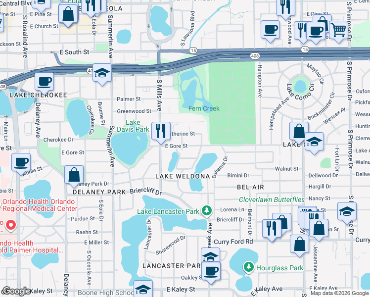 map of restaurants, bars, coffee shops, grocery stores, and more near 1419 East Gore Street in Orlando