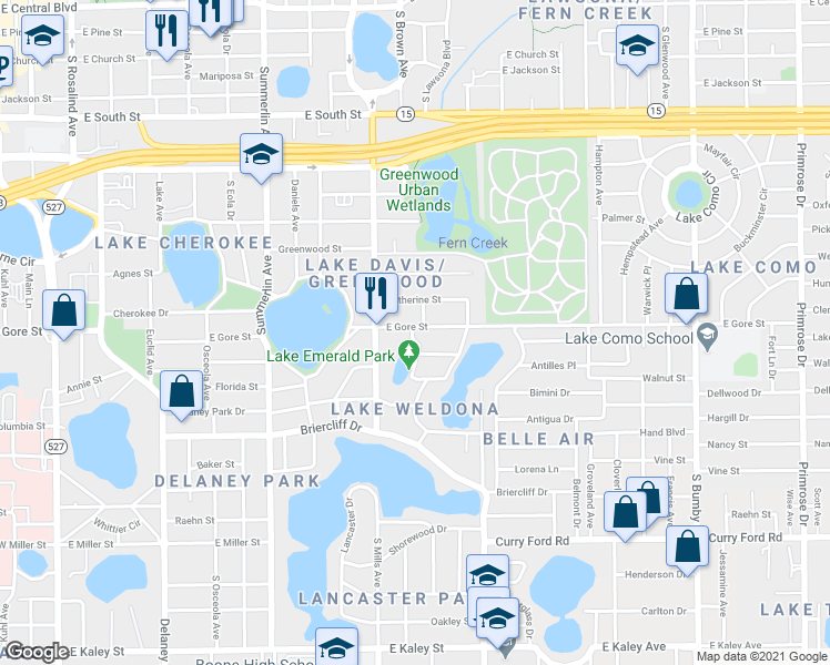 map of restaurants, bars, coffee shops, grocery stores, and more near 1221 East Gore Street in Orlando
